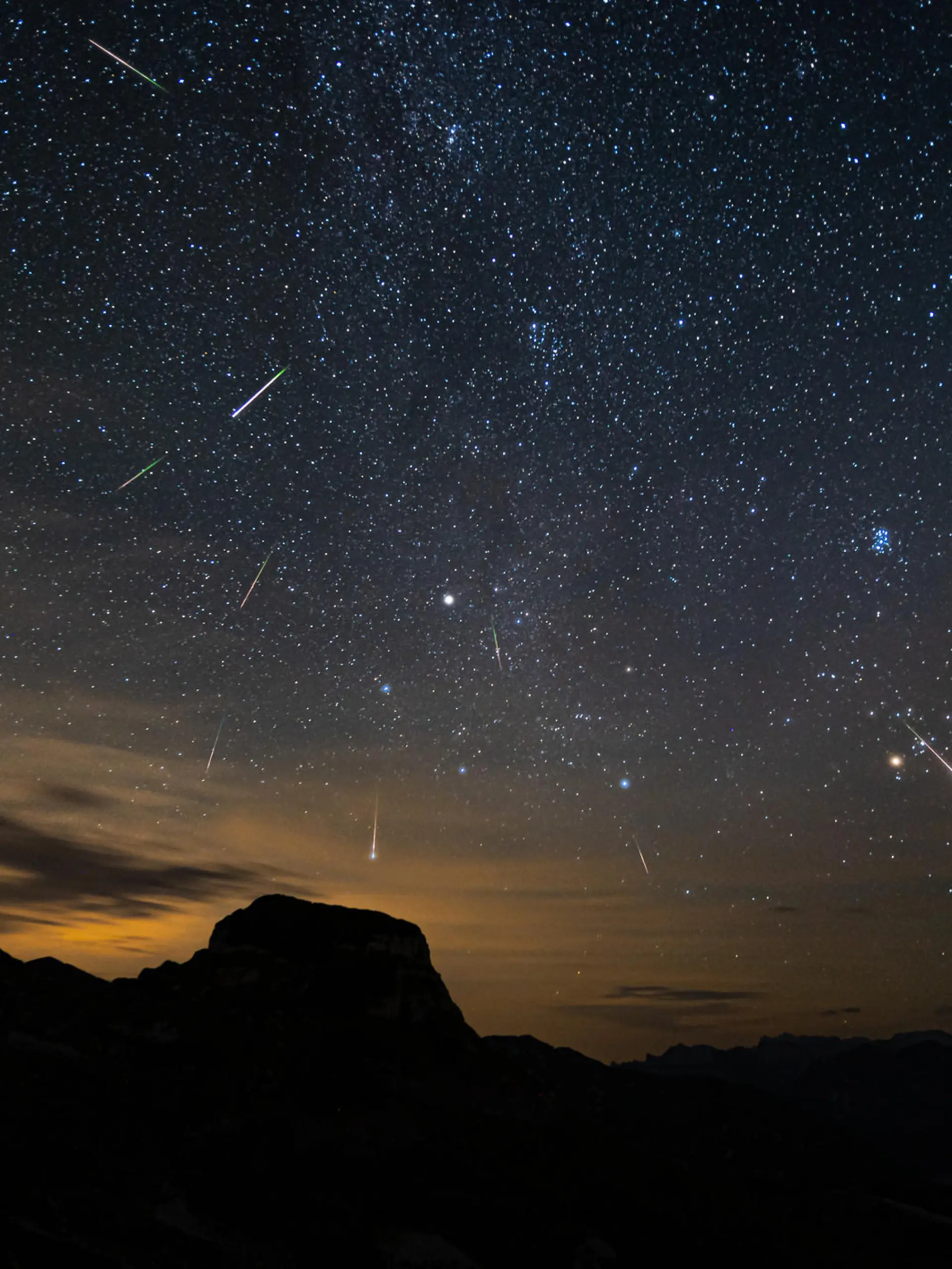 Perseid meteor shower. Stacked image of several meteors entering the atmosphere during the perseids. astrophotography with milky way and mountains