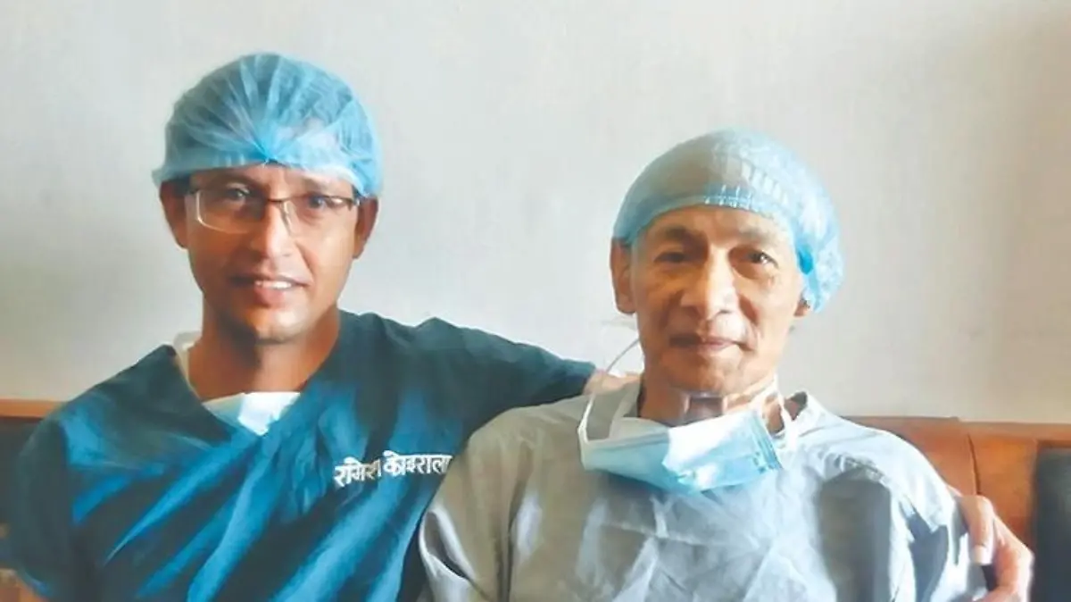 Heart surgeon Dr Raamesh Koirala (right) is seen with Charles Sobhraj, a notorious French serial killer, before a surgery at the Shahid Gangalal National Heart Centre, in Kathmandu on Monday.