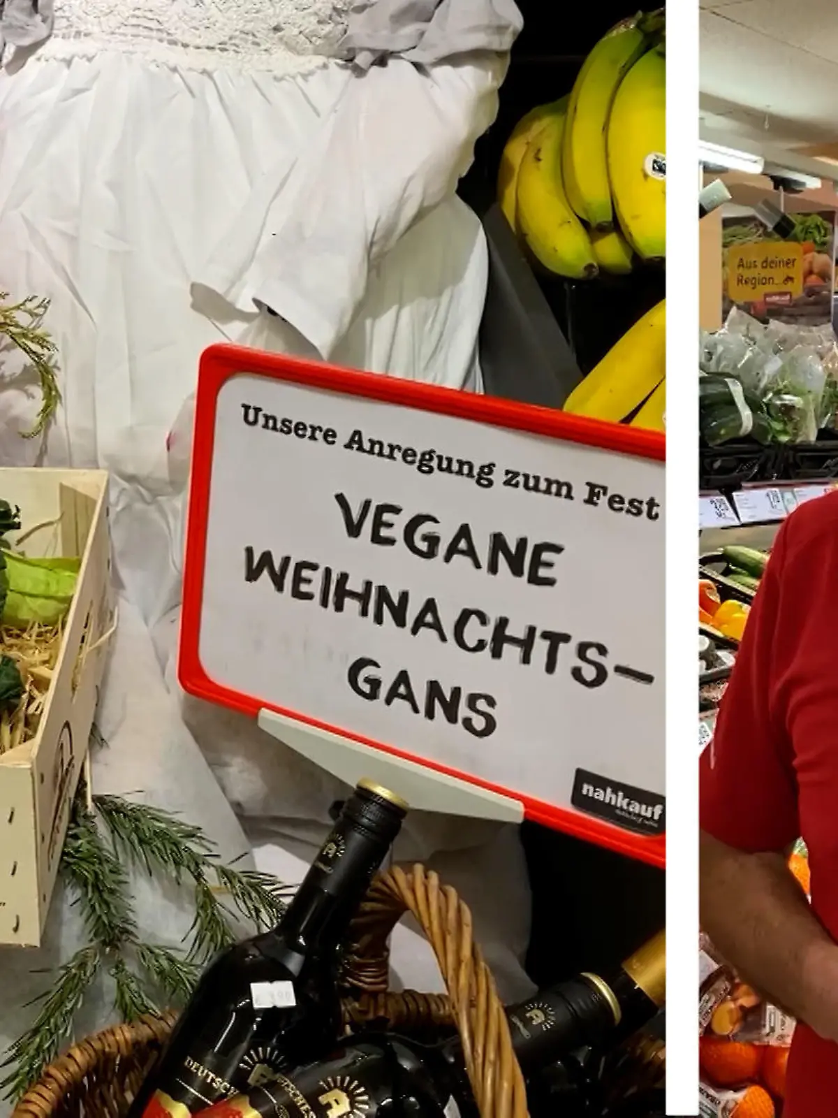 Dieser Scherz kommt besonders online richtig gut an. Der Leiter eines Fuldaer Supermarkts hat aus Salatköpfen und Bananen vegane Weihnachtsgänse in seinem Laden ausgestellt. Die Kunden machen den Spaß mit und kommen sogar extra für Fotos in den Laden.