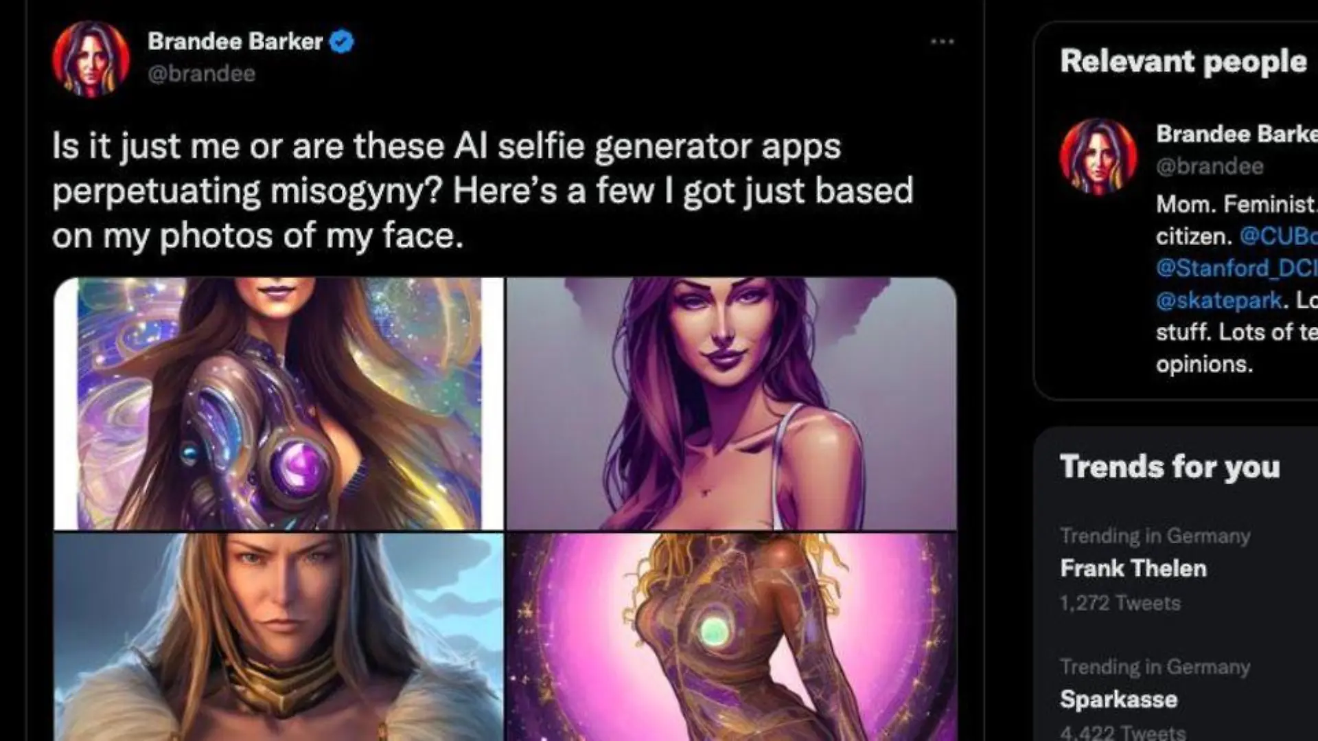 Abgebildet ist ein Twitter-Screenshot, der den Post einer Userin zeigt. Sie wirft der App Lensa vor, Misogynie zu fördern.