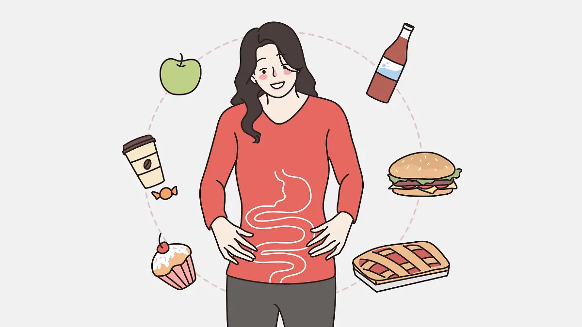 Gastro system and healthy digestion concept. Young smiling woman cartoon character standing showing her digestion with various foods flying around vector illustration Abstract vector wall art background. Minimalistic abstract wall art background for print. Scandinavian vector style.