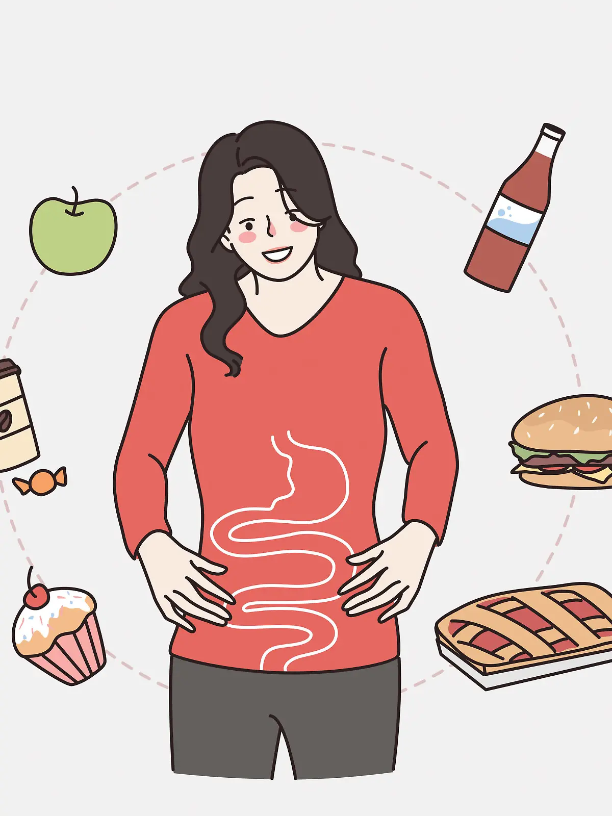 Gastro system and healthy digestion concept. Young smiling woman cartoon character standing showing her digestion with various foods flying around vector illustration Abstract vector wall art background. Minimalistic abstract wall art background for print. Scandinavian vector style.