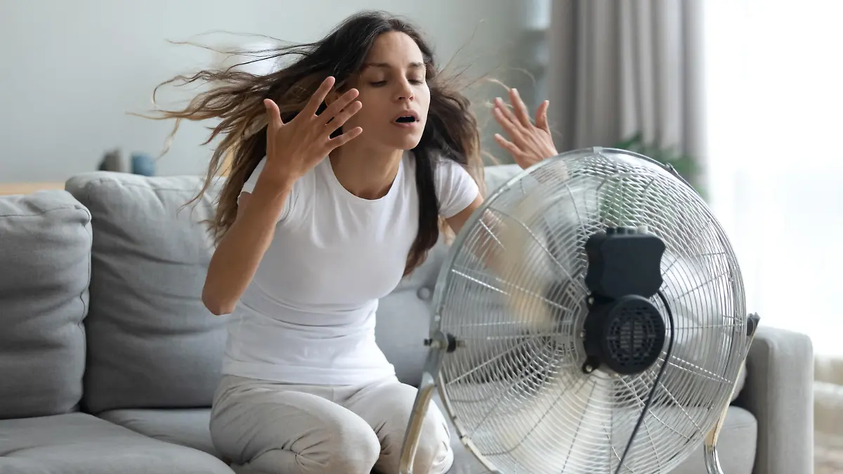 Eine junge Frau sitzt in ihrem Wohnzimmer auf der Couch und hat einen großen Ventilator vor sich stehen.