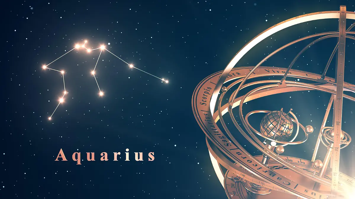 Zodiac Constellation Aquarius And Armillary Sphere Over Blue Background. 3D Illustration.