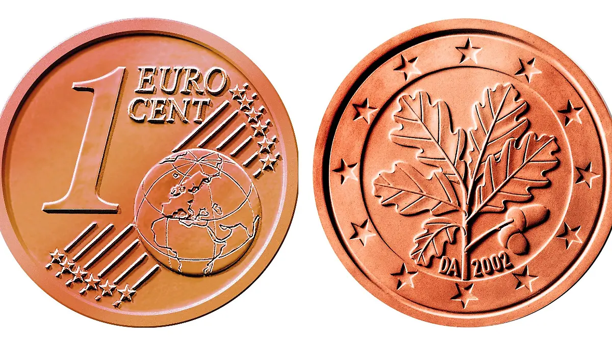 Die Vorderseite (links) und die Rückseite einer 1-Eurocent-Münze: Vorn zeigt das Geldstück Zahl und Globus mit den Linien Europas, auf der Kehrseite einen Eichenzweig. Die Münzen sind kupferfarben. Der Euro, die gemeinsame Währung von rund 290 Millionen Europäern, wurde am 4.1.1999 offiziell an der Deutschen Aktienbörse eingeführt. Die Bargeld-Einführung erfolgt im Jahr 2002.
