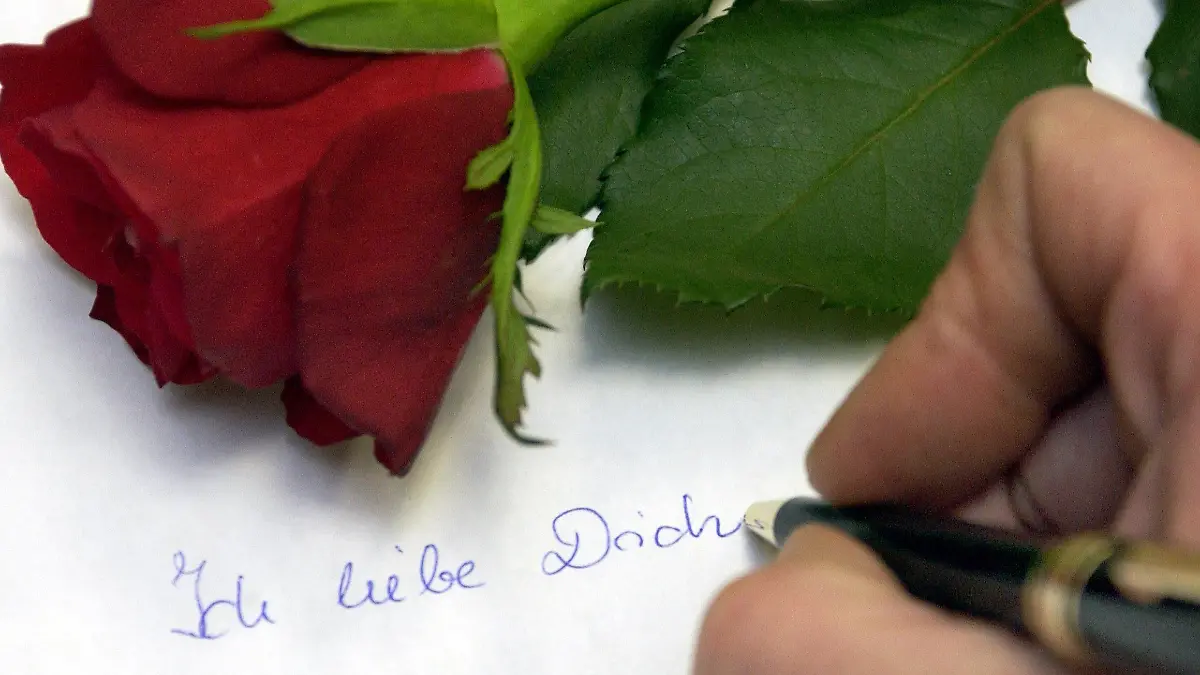 Frankfurt (Oder) (Brandenburg): Ein Mann schreibt am 10.02.2004 in Frankfurt (Oder) auf eine Blatt Papier auf dem eine rote Rose liegt "Ich liebe Dich". Am 14. Februar ist Valentinstag - Tag der Liebenden. An diesem Tag wird man von seinem oder seiner Liebsten beschenkt oder macht dem Menschen, der einem viel bedeutet, eine Freude. Dieser Brauch geht auf den Priester Valentin zurück. Valentin lebte im dritten Jahrhundert nach Christus in Rom. Trotz eines kaiserlichen Verbotes soll Valentin christliche Trauungen vorgenommen haben. Dies war schließlich auch sein Todesurteil, was am 14. Februar 269 vollstreckt wurde.