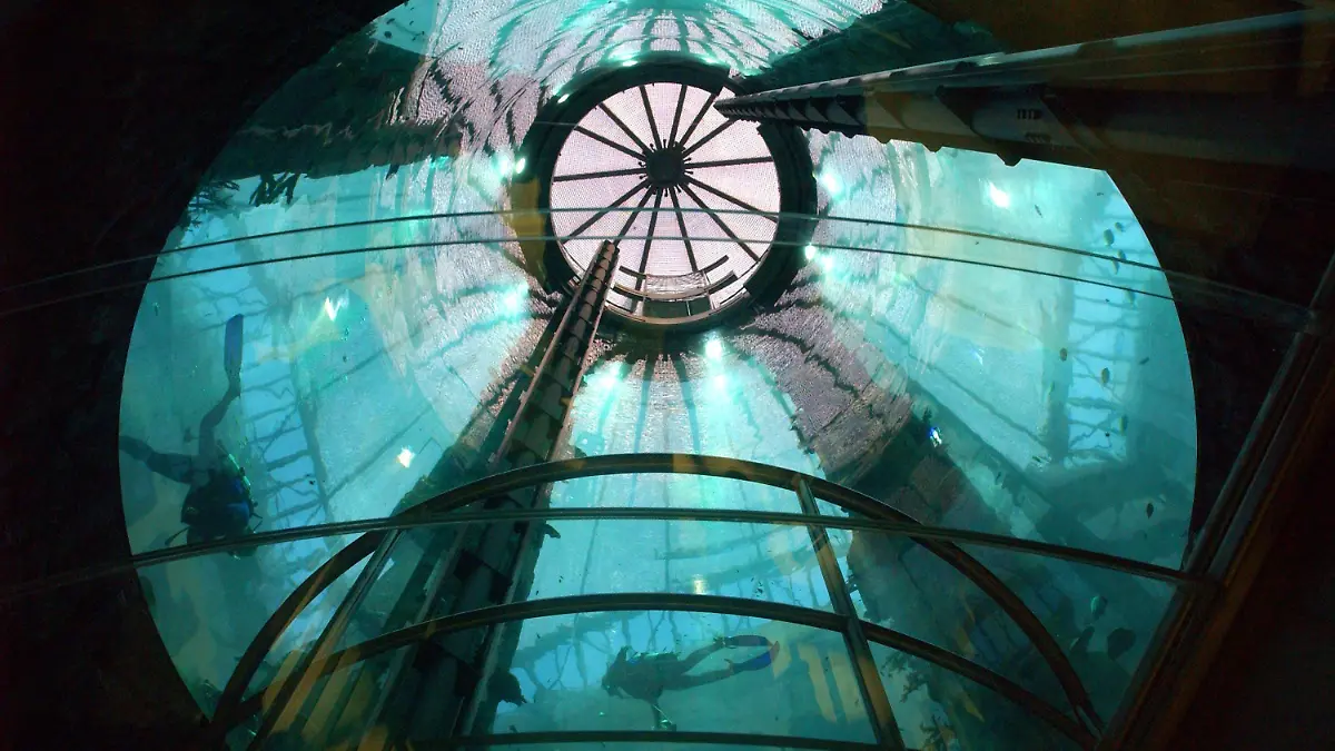 ARCHIV - 01.12.2003, Berlin: Zwei Taucher sind durch das gläserne Dach des Fahrstuhls im Aquarium Aquadome des Sea Life im Foyer des künftigen Radisson SAS Hotel in Berlin zu sehen. Das riesige Aquarium in einem Hotel ist in der Nacht zum 16.12.2022 leck geschlagen. Wasser strömte dabei bis auf die Straße. Foto: Alexander Rüsche/dpa +++ dpa-Bildfunk +++