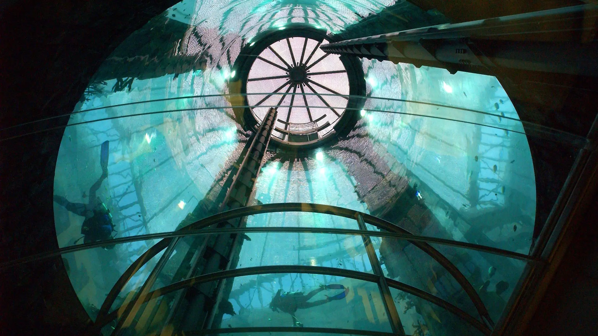 ARCHIV - 01.12.2003, Berlin: Zwei Taucher sind durch das gläserne Dach des Fahrstuhls im Aquarium Aquadome des Sea Life im Foyer des künftigen Radisson SAS Hotel in Berlin zu sehen. Das riesige Aquarium in einem Hotel ist in der Nacht zum 16.12.2022 leck geschlagen. Wasser strömte dabei bis auf die Straße. Foto: Alexander Rüsche/dpa +++ dpa-Bildfunk +++