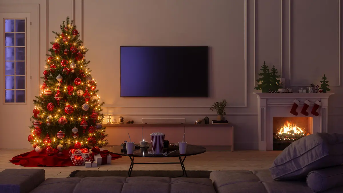Modern Living Room Interior With Christmas Tree, Ornaments, Gift Boxes, Sofa And Lcd Tv Set At Night