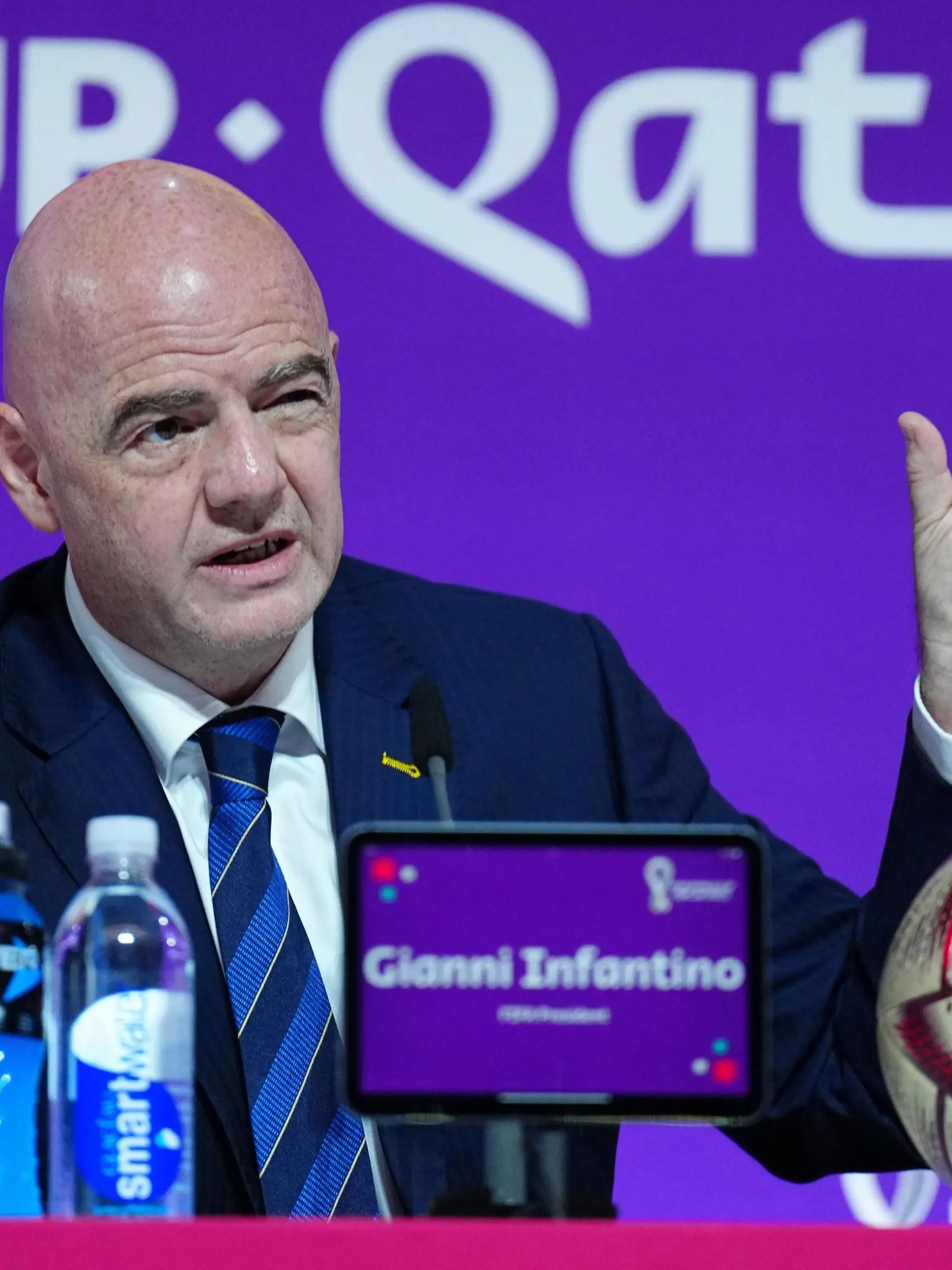  Mandatory Credit: Photo by Javier Garcia/Shutterstock 13670212v FIFA President Gianni Infantino speaks during the press conference, PK, Pressekonferenz FIFA Press Conference, FIFA World Cup, WM, Weltmeisterschaft, Fussball 2022, Football, Qatar National Convention Centre, Doha, Qatar - 16 Dec 2022 Editorial Use Only FIFA Press Conference, FIFA World Cup 2022, Football, Qatar National Convention Centre, Doha, Qatar - 16 Dec 2022 Editorial Use Only PUBLICATIONxINxGERxSUIxAUTxHUNxGRExMLTxCYPxROUxBULxUAExKSAxONLY Copyright: xJavierxGarcia/Shutterstockx 13670212v