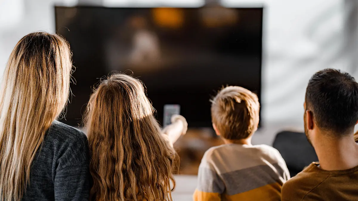 Rear view of a relaxed family watching a movie in the living room.