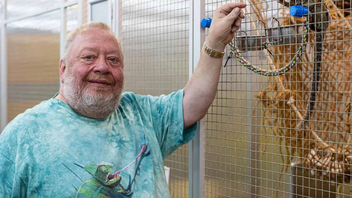 30.05.2019 , DU Duisburg , Geklauter Affe Jimmy wieder zurück bei Zoo Zajac an der Konrad-Adenauer-Straße 6 in Neumühl. Norbert Zajac am Gehege von Affe Jimmy. *** 30 05 2019 , DU Duisburg , Stolen monkey Jimmy back again at Zoo Zajac at Konrad Adenauer Straße 6 in Neumühl Norbert Zajac at the enclosure of monkey Jimmy  