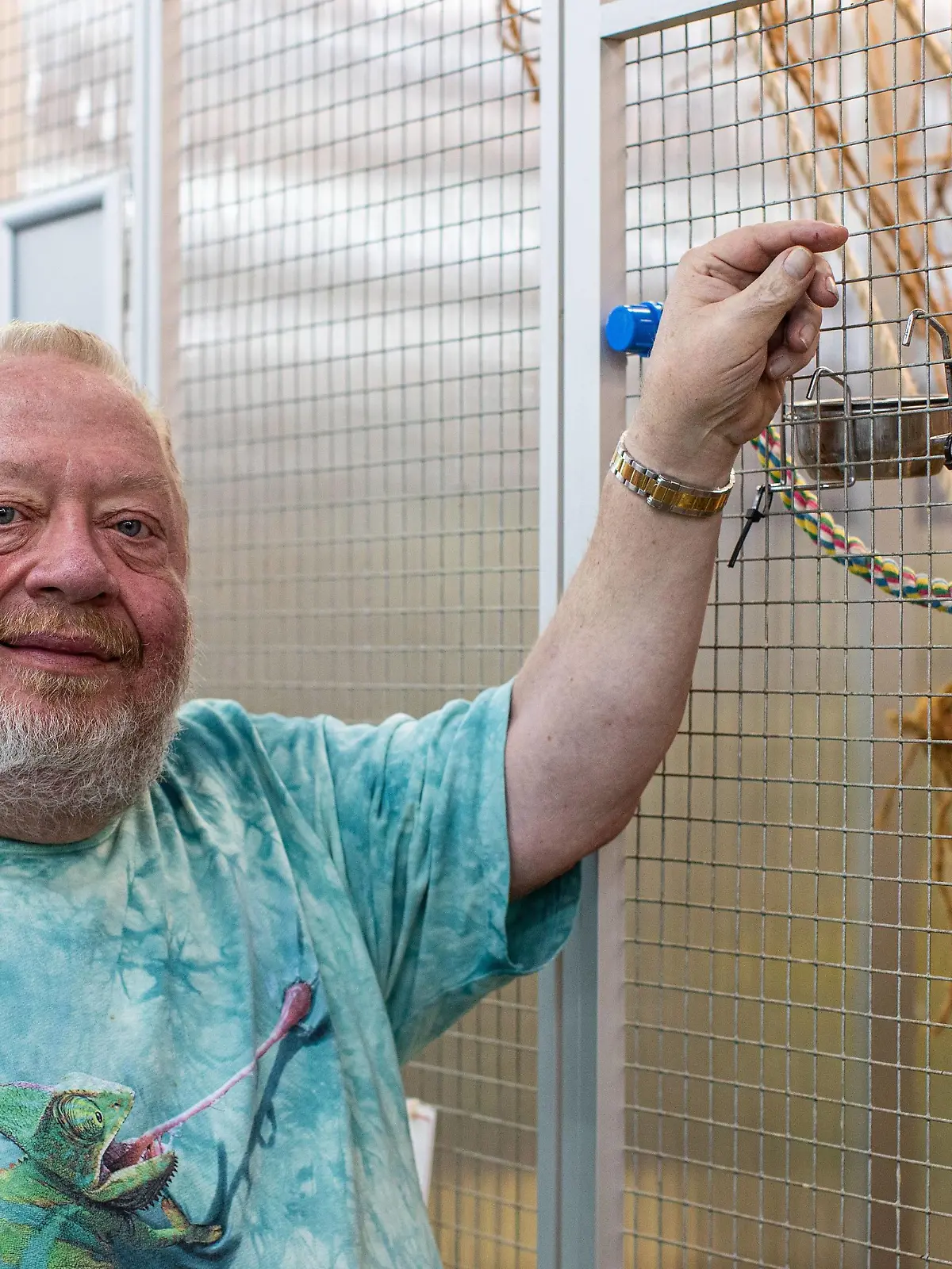 30.05.2019 , DU Duisburg , Geklauter Affe Jimmy wieder zurück bei Zoo Zajac an der Konrad-Adenauer-Straße 6 in Neumühl. Norbert Zajac am Gehege von Affe Jimmy. *** 30 05 2019 , DU Duisburg , Stolen monkey Jimmy back again at Zoo Zajac at Konrad Adenauer Straße 6 in Neumühl Norbert Zajac at the enclosure of monkey Jimmy  