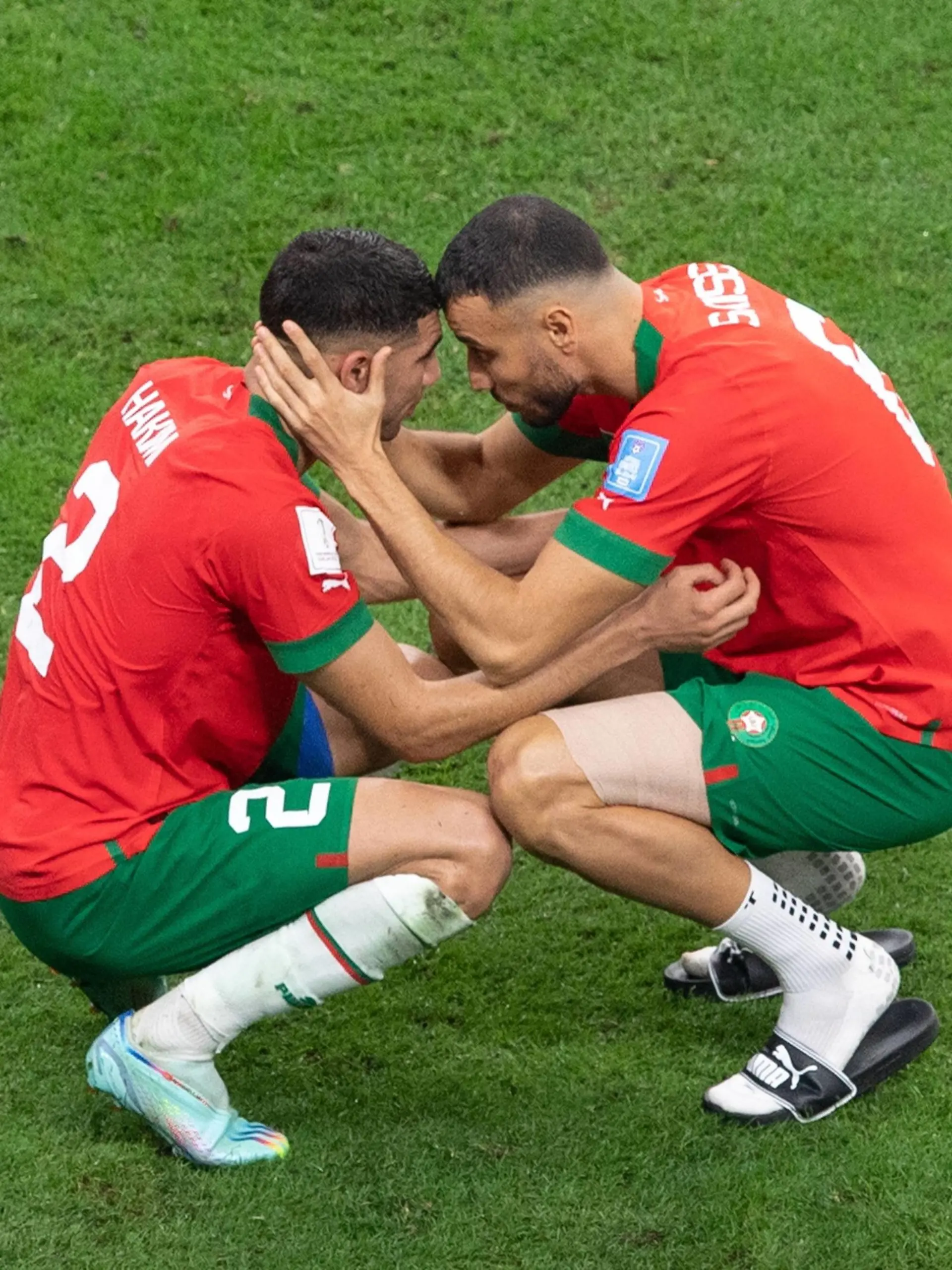 RECORD DATE NOT STATED  FIFA World Cup, WM, Weltmeisterschaft, Fussball Qatar 2022 France vs Morocco SF L-R, Achraf Hakimi and Romain Saiss of Morocco during the game France vs Morocco, corresponding to the Semifinals of the FIFA World Cup Qatar 2022, at Al Bayt Stadium, Al Khor, Doha, on December 14, 2022. brbr I-D, Achraf Hakimi y Romain Saiss de Marruecos durante el partido Francia vs Marruecos, correspondiente a Semifinales de la Copa Mundial de la FIFA Catar 2022, en el Estadio Al Bayt, Al Khor, Doha, el 14 de Diciembre de 2022 AL KHOR DOHA QATAR PUBLICATIONxNOTxINxMEXxCHNxRUS Copyright: xDavidxLeahx 20221214_10117 