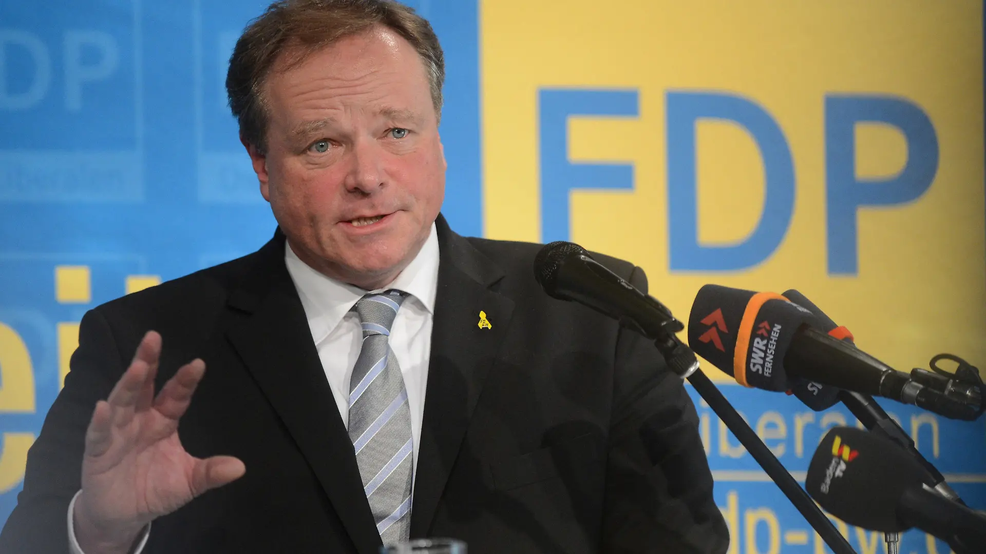 Dirk Niebel (FDP), Bundesminister für wirtschaftliche Zusammenarbeit und Entwicklung, spricht am 13.02.2013 in einer Gaststätte in Karlsruhe (Baden-Württemberg) beim Politischen Aschermittwoch der baden-württembergischen FDP. Foto: Uli Deck/dpa +++(c) dpa - Bildfunk+++