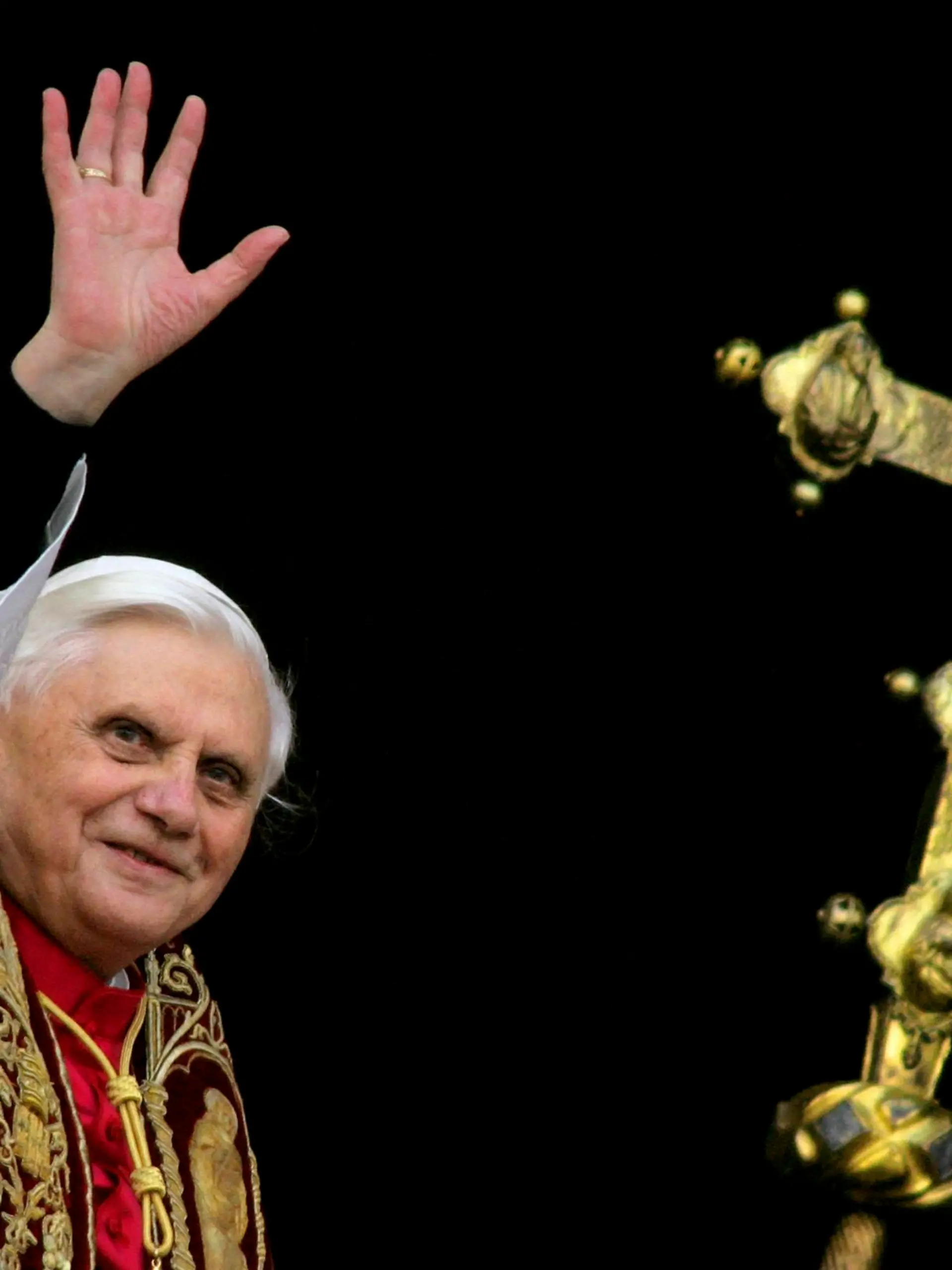 Pope Benedict XVI, Cardinal Joseph Ratzinger of Germany, waves from a balcony of St. Peter's Basilica at the Vatican after being elected by the conclave of cardinals, in this April 19, 2005 file photo. Pope Benedict said on February 11, 2013 he will resign on Feb 28 because he no longer has the strength to fulfill the duties of his office, becoming the first pontiff since the Middle Ages to take such a step. REUTERS/Max Rossi/Files (VATICAN - Tags: RELIGION) ATTENTION EDITORS - PICTURE 14 OF 14 TO MATCH ANNOUNCEMENT OF POPE BENEDICT XVI'S RESIGNATION
