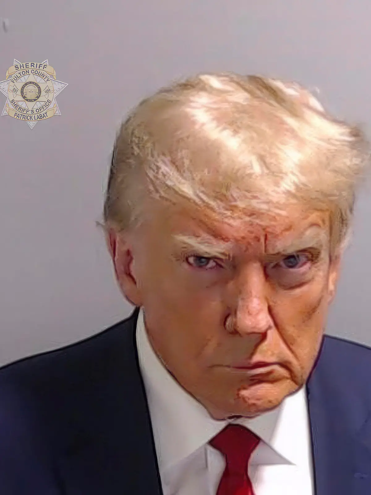HANDOUT - 24.08.2023, USA, Atlanta: Dieses vom Fulton County Sheriff's Office zur Verfügung gestellte Foto zeigt Donald Trump, ehemaliger Präsident der USA, nachdem er sich im Fulton County Jail in Atlanta gestellt hat. Der frühere US-Präsident Donald Trump hat sich im Bezirksgefängnis in Atlanta nach einer Anklage wegen versuchten Wahlbetrugs den Behörden gestellt. Die Behörden im US-Bundesstaat Georgia haben im Zusammenhang mit der Anklage wegen versuchten Wahlbetrugs gegen Donald Trump ein Polizeifoto des früheren US-Präsidenten veröffentlicht. Foto: Uncredited/Fulton County Sheriff's Office/AP/dpa - ACHTUNG: Nur zur redaktionellen Verwendung und nur mit vollständiger Nennung des vorstehenden Credits +++ dpa-Bildfunk +++