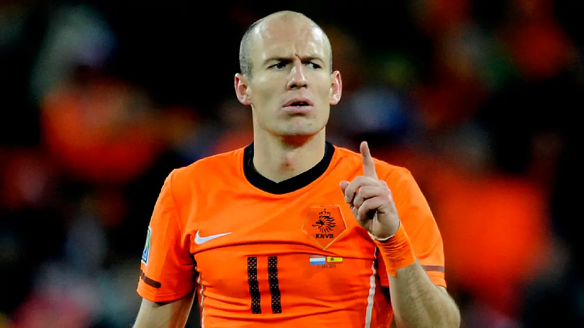 Fussball-Weltmeisterschaft 2010. Finale: Niederlande - Spanien 11.07.2010 in Johannesburg. Arjen Robben NED mit erhobenen Zeigefinger *** Football World Cup 2010 Final Netherlands Spain 11 07 2010 in Johannesburg Arjen Robben NED with raised forefinger HM