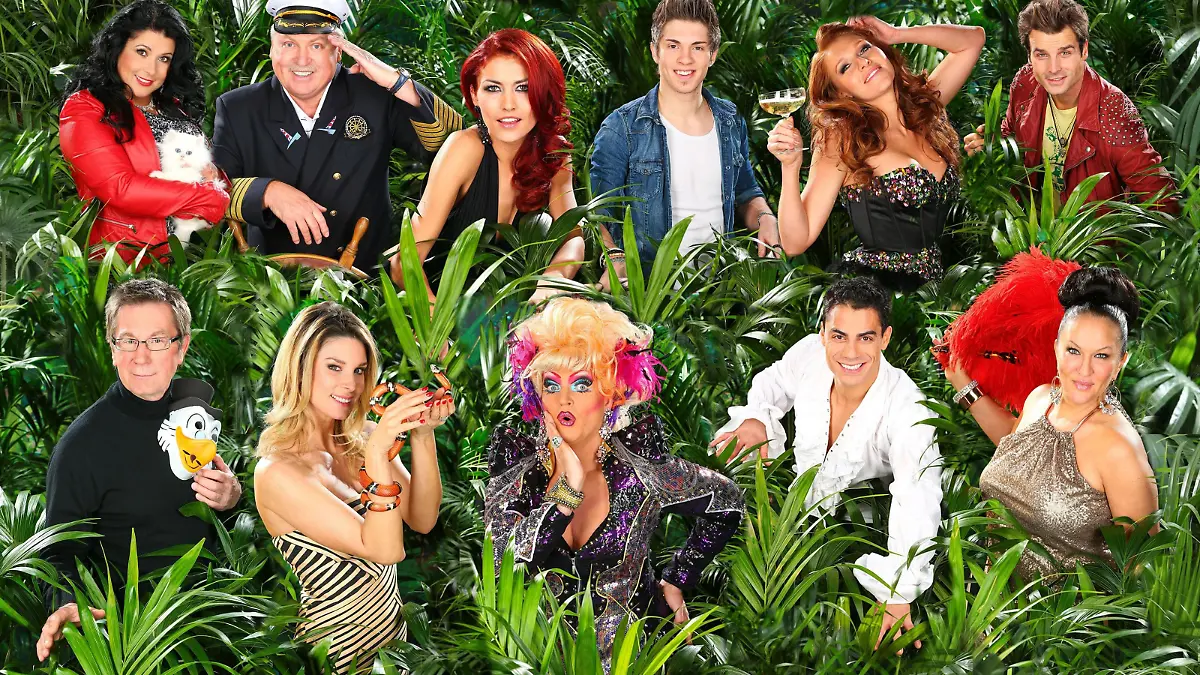 oben v.li.: Mutter Katzenberger Iris Klein, Entertainer Klaus Baumgart, Model Fiona Erdmann, Sänger Joey Heindle, Bachelor-Kandidatin Georgina, Sänger Patrick Nuo