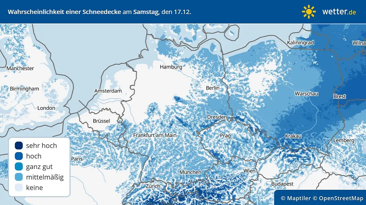 Prognose und Vorhersage für eine geschlossene Schneedecke am Samstag, 17.12.2022