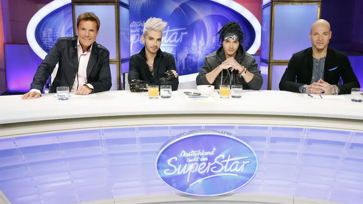 Die Jury: (v.li.) Poptitan Dieter Bohlen, die Zwillinge Bill und Tom Kaulitz von Tokio Hotel und Mateo, Frontsänger der Band Culcha Candela.