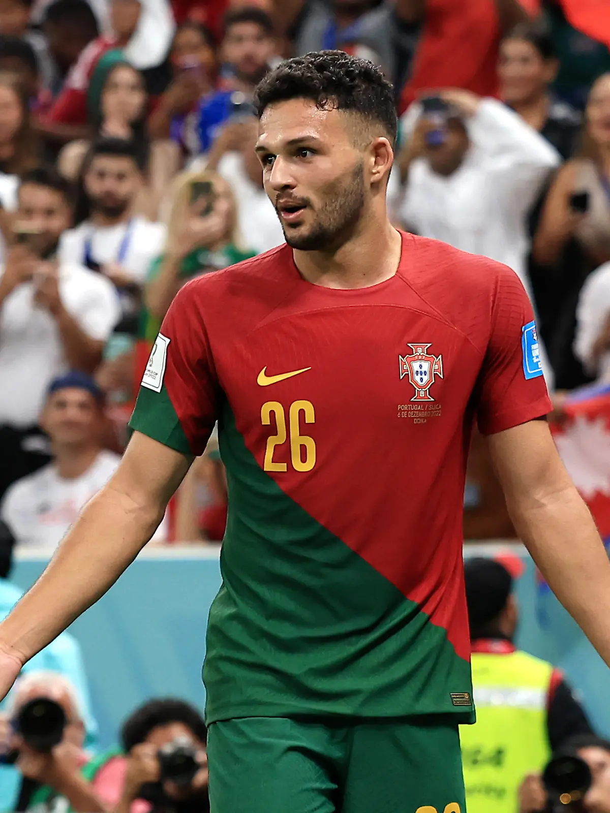 LUSAIL CITY, QATAR - DECEMBER 06: Goncalo Ramos of Portugal celebrates after scoring the team's fifth goal and their hat trick during the FIFA World Cup Qatar 2022 Round of 16 match between Portugal and Switzerland at Lusail Stadium on December 06, 2022 in Lusail City, Qatar. (Photo by Buda Mendes/Getty Images)