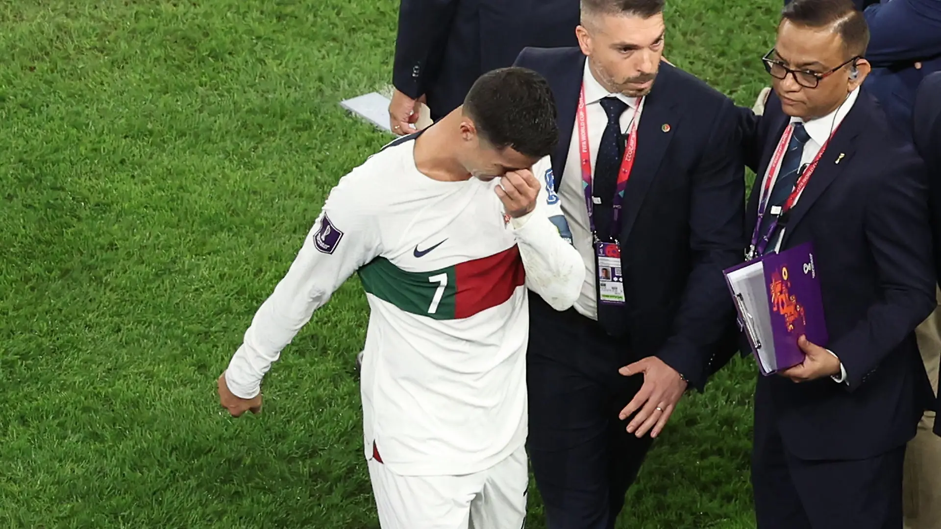 DOHA, QATAR - DECEMBER 10: Cristiano Ronaldo of Portugal walks off the pitch after the team's defeat during the FIFA World Cup Qatar 2022 quarter final match between Morocco and Portugal at Al Thumama Stadium on December 10, 2022 in Doha, Qatar. (Photo by Alexander Hassenstein/Getty Images)
