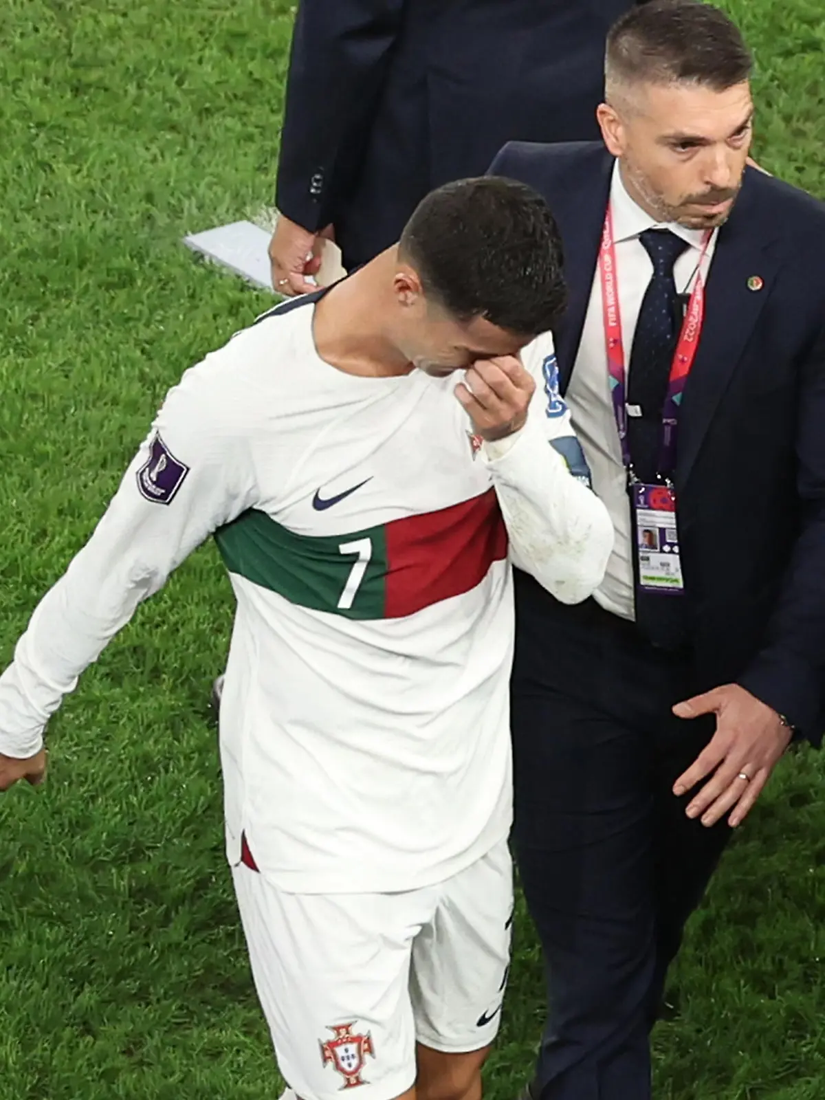 DOHA, QATAR - DECEMBER 10: Cristiano Ronaldo of Portugal walks off the pitch after the team's defeat during the FIFA World Cup Qatar 2022 quarter final match between Morocco and Portugal at Al Thumama Stadium on December 10, 2022 in Doha, Qatar. (Photo by Alexander Hassenstein/Getty Images)