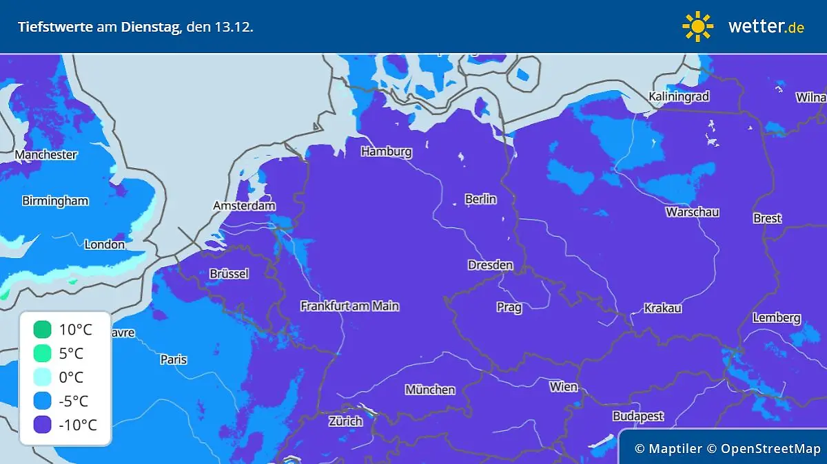 Tiefstwerte in der Nacht zum Dienstag, 13.12.2022