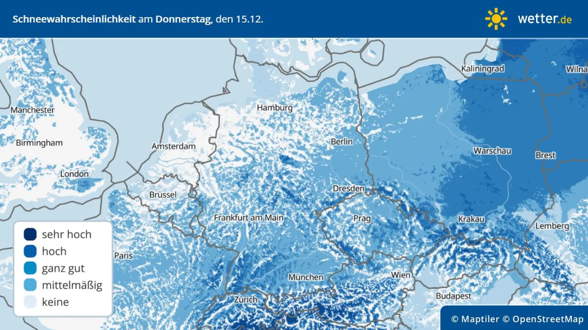 Prognose und Vorhersage für die Wahrscheinlichkeit einer geschlossenen Schneedecke am Donnerstag, 15.12.2022