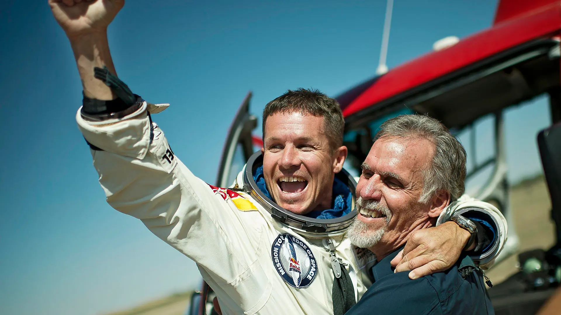 Pilot Felix Baumgartner of Austria and and Technical Project Director Art Thompson of the Unites Statescelebrate after successfully completing the final manned flight for Red Bull Stratos in RoswellNew Mexico, USA - 14.10.12This is a PR photo. WENN does not claim any ownership including but not limited to Copyright or License in the attached material. Fees charged by WENN are for WENN's services only, and do not, nor are they intended to, convey to the user any ownership of Copyright or License in the material. By publishing this material you expressly agree to indemnify and to hold WENN and its directors, shareholders and employees harmless from any loss, claims, damages, demands, expenses (including legal fees), or any causes of action or allegation against WENN arising out of or connected in any way with publication of the material. Supplied by WENN.com