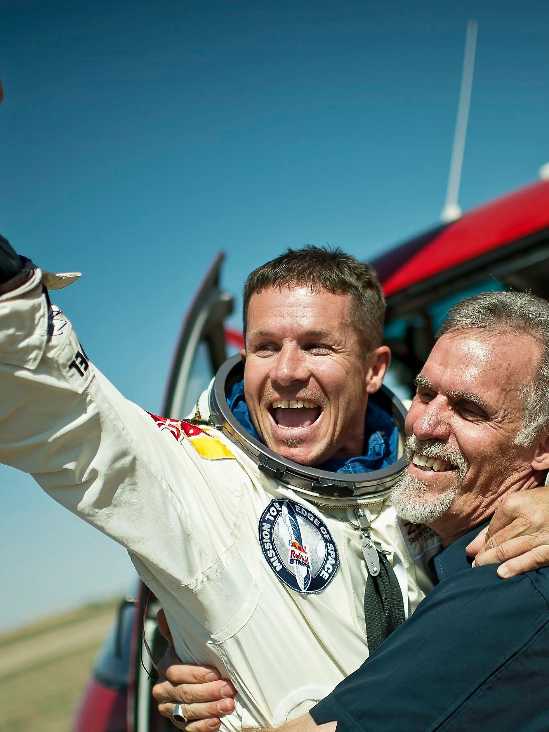 Pilot Felix Baumgartner of Austria and and Technical Project Director Art Thompson of the Unites Statescelebrate after successfully completing the final manned flight for Red Bull Stratos in RoswellNew Mexico, USA - 14.10.12This is a PR photo. WENN does not claim any ownership including but not limited to Copyright or License in the attached material. Fees charged by WENN are for WENN's services only, and do not, nor are they intended to, convey to the user any ownership of Copyright or License in the material. By publishing this material you expressly agree to indemnify and to hold WENN and its directors, shareholders and employees harmless from any loss, claims, damages, demands, expenses (including legal fees), or any causes of action or  allegation against WENN arising out of or connected in any way with publication of the material. Supplied by WENN.com