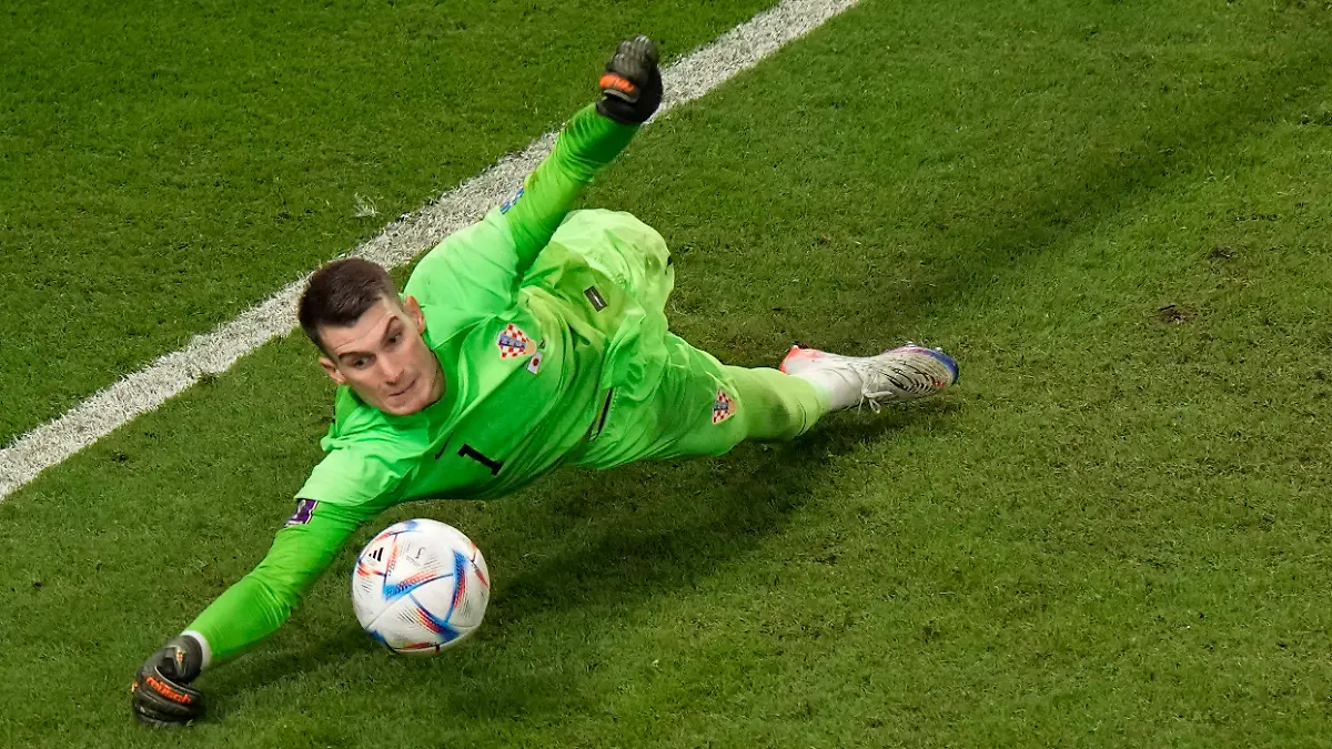 Croatia's goalkeeper Dominik Livakovic saves a penalty kick by Japan's Kaoru Mitoma during the World Cup round of 16 soccer match between Japan and Croatia at the Al Janoub Stadium in Al Wakrah, Qatar, Monday, Dec. 5, 2022. (AP Photo/Luca Bruno)