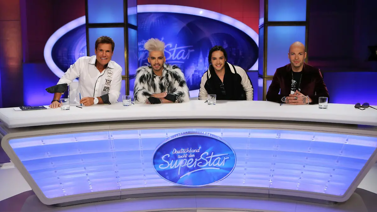 Die Jury: (v.li.) Poptitan Dieter Bohlen, die Zwillinge Bill und Tom Kaulitz von Tokio Hotel und Mateo, Frontsänger der Band Culcha Candela.