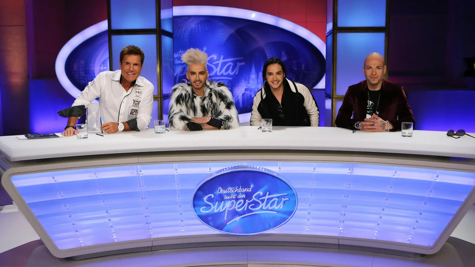 Die Jury: (v.li.) Poptitan Dieter Bohlen, die Zwillinge Bill und Tom Kaulitz von Tokio Hotel und Mateo, Frontsänger der Band Culcha Candela.