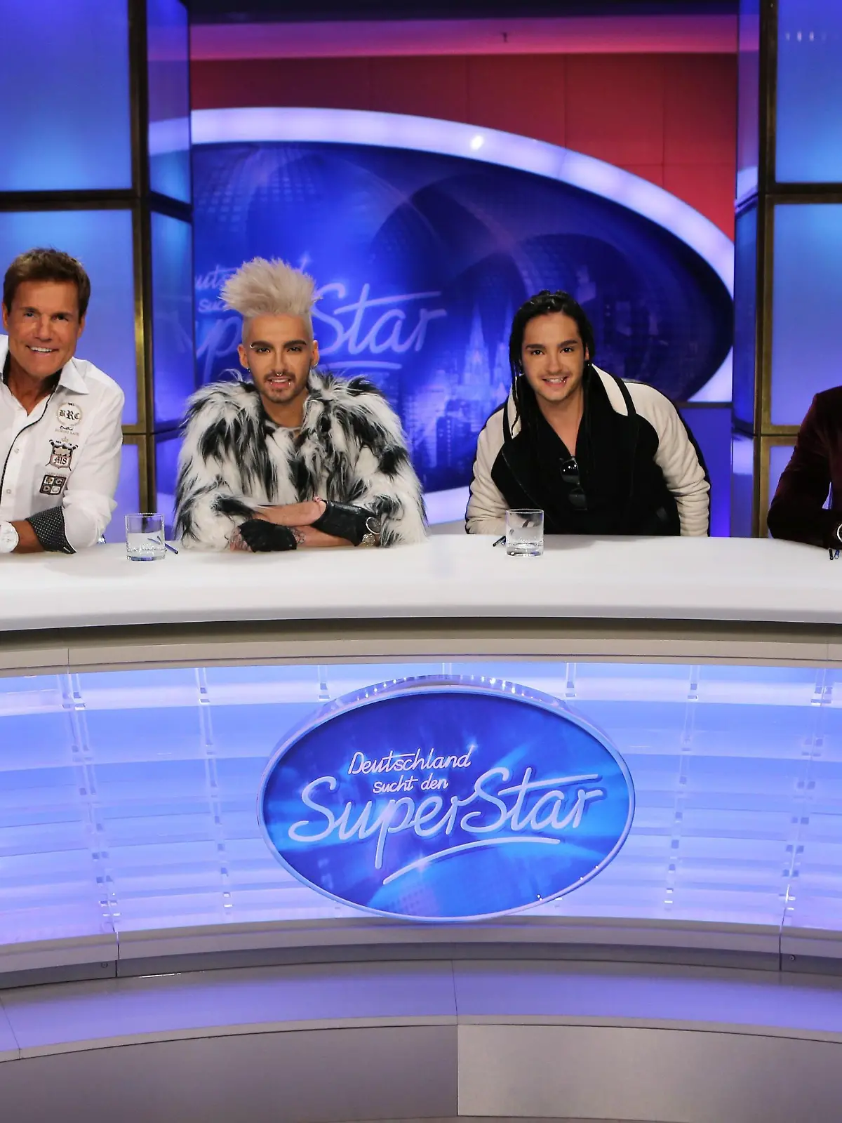 Die Jury: (v.li.) Poptitan Dieter Bohlen, die Zwillinge Bill und Tom Kaulitz von Tokio Hotel und Mateo, Frontsänger der Band Culcha Candela.