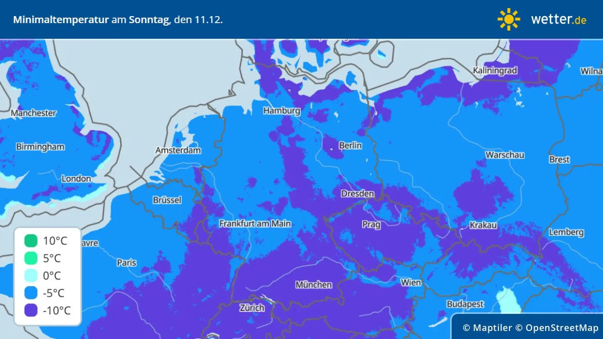 Die Grafik zeigt die Tiefstwerte am Sonntagmorgen, 11.12.2022