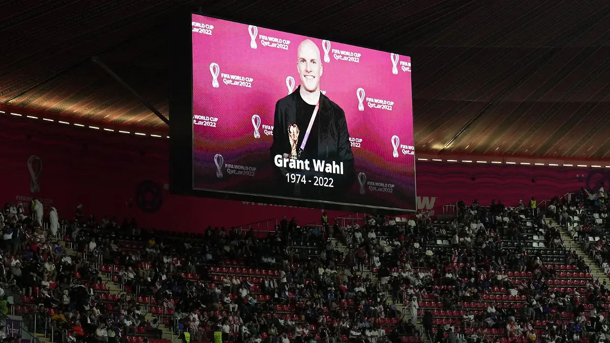 England v France - FIFA World Cup 2022 - Quarter Final - Al Bayt Stadium. A tribute to the late sports journalist Grant Wahl on the big screen ahead of the FIFA World Cup Quarter-Final match at the Al Bayt Stadium in Al Khor, Qatar. Picture date: Saturday December 10, 2022. See PA story WORLDCUP England. Photo credit should read: Peter Byrne/PA Wire. RESTRICTIONS: Use subject to restrictions. Editorial use only, no commercial use without prior consent from rights holder. URN:70198363
