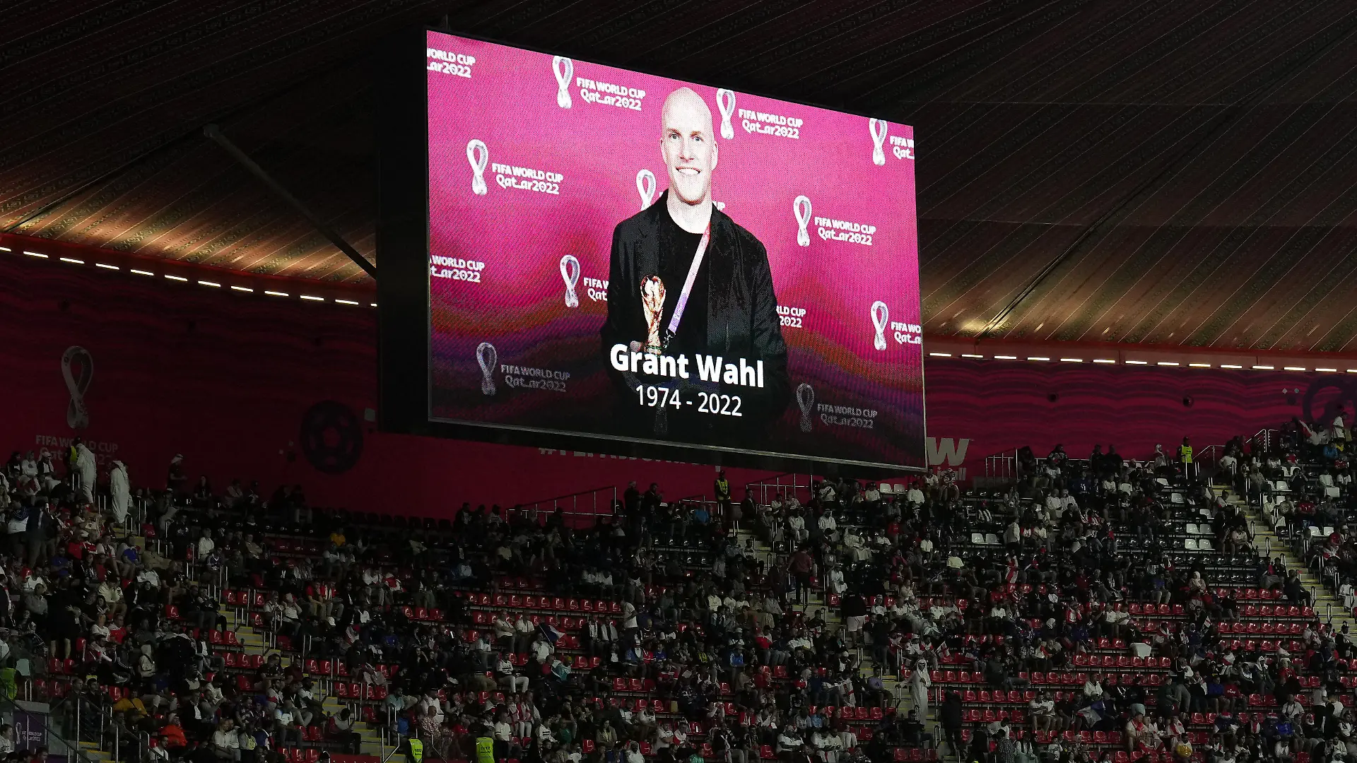 England v France - FIFA World Cup 2022 - Quarter Final - Al Bayt Stadium. A tribute to the late sports journalist Grant Wahl on the big screen ahead of the FIFA World Cup Quarter-Final match at the Al Bayt Stadium in Al Khor, Qatar. Picture date: Saturday December 10, 2022. See PA story WORLDCUP England. Photo credit should read: Peter Byrne/PA Wire. RESTRICTIONS: Use subject to restrictions. Editorial use only, no commercial use without prior consent from rights holder. URN:70198363