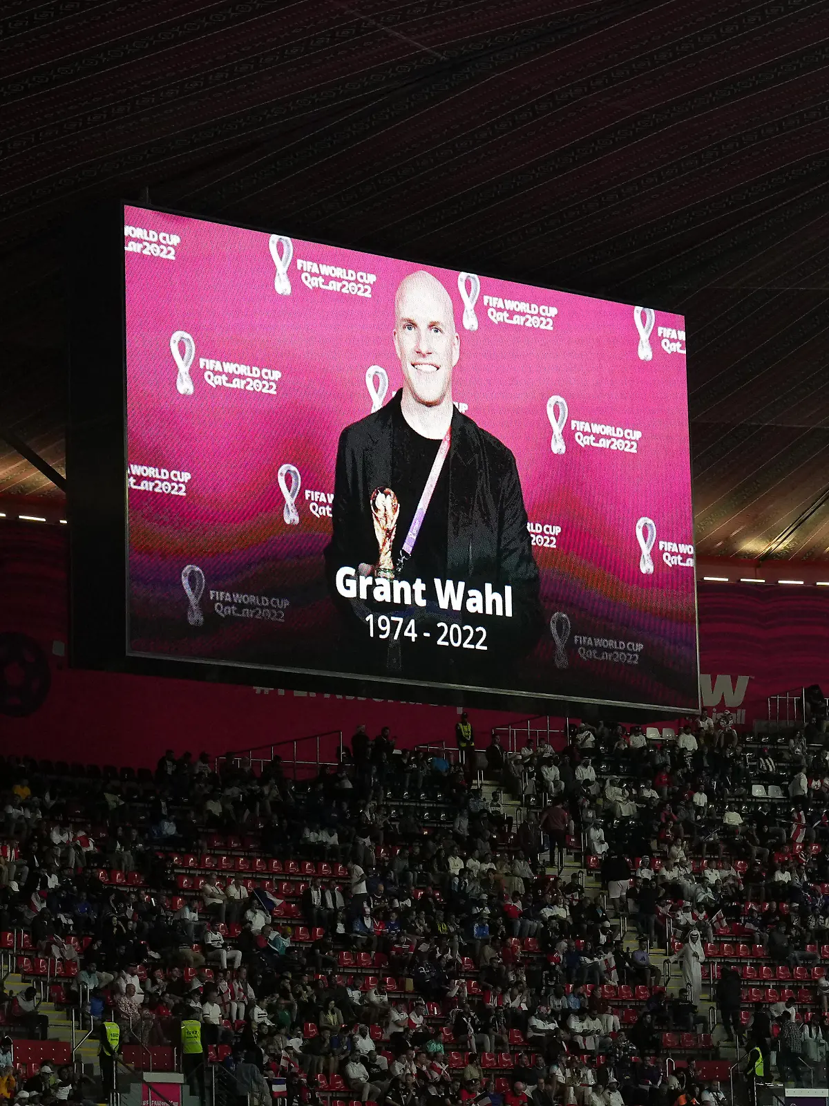 England v France - FIFA World Cup 2022 - Quarter Final - Al Bayt Stadium. A tribute to the late sports journalist Grant Wahl on the big screen ahead of the FIFA World Cup Quarter-Final match at the Al Bayt Stadium in Al Khor, Qatar. Picture date: Saturday December 10, 2022. See PA story WORLDCUP England. Photo credit should read: Peter Byrne/PA Wire. RESTRICTIONS: Use subject to restrictions. Editorial use only, no commercial use without prior consent from rights holder. URN:70198363