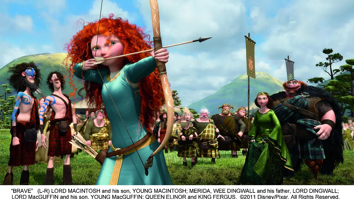 ?BRAVE? (L-R) LORD MACINTOSH and his son, YOUNG MACINTOSH; MERIDA, WEE DINGWALL and his father, LORD DINGWALL; LORD MacGUFFIN and his son, YOUNG MacGUFFIN; QUEEN ELINOR and KING FERGUS. ©2011 Disney/Pixar. All Rights Reserved.