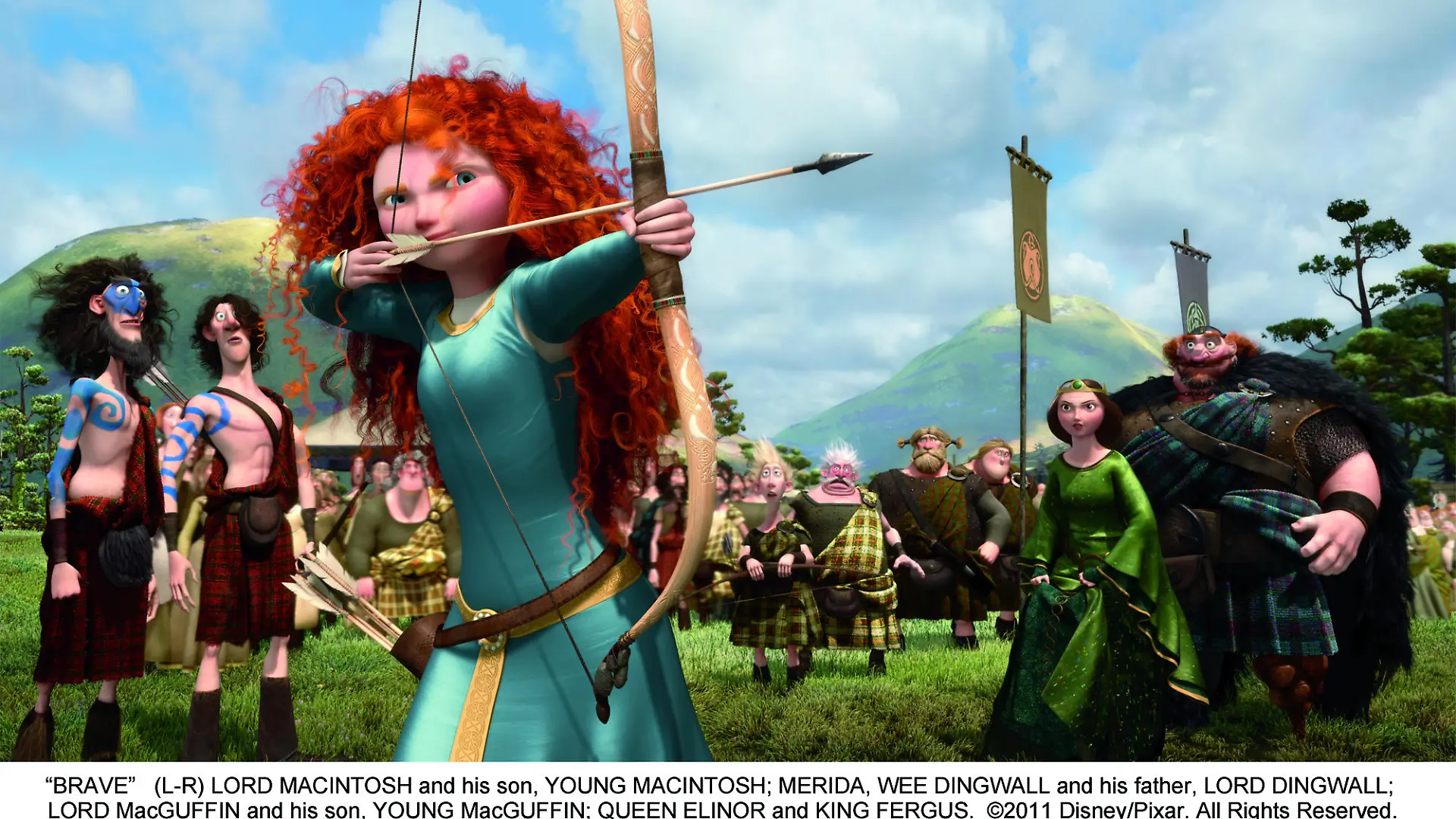 ?BRAVE?   (L-R) LORD MACINTOSH and his son, YOUNG MACINTOSH; MERIDA, WEE DINGWALL and his father, LORD DINGWALL; LORD MacGUFFIN and his son, YOUNG MacGUFFIN; QUEEN ELINOR and KING FERGUS.  ©2011 Disney/Pixar. All Rights Reserved.