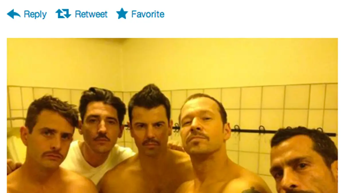 The New Kids on the Block boys have once again shown that they've still got the power to get the attention of their female fans. The boyband posted a shirtless picture of themselves as they showed off their newly-acquired facial hair. Lead singer Donnie Wahlberg, who shared the picture on Twitter, captioned the image: "After 3 months cultivating, countless insults, thousands of requests to shave the #stache."