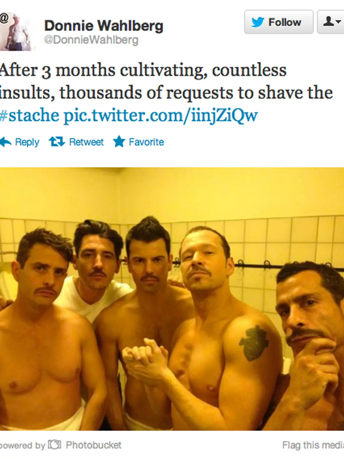 The New Kids on the Block boys have once again shown that they've still got the power to get the attention of their female fans. The boyband posted a shirtless picture of themselves as they showed off their newly-acquired facial hair. Lead singer Donnie Wahlberg, who shared the picture on Twitter, captioned the image: "After 3 months cultivating, countless insults, thousands of requests to shave the #stache."