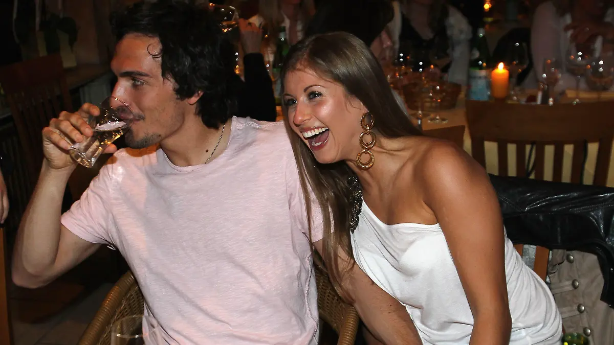 DORTMUND, GERMANY - APRIL 30: Mats Hummels and his girl-friend Cathy pose before celebrate winning the German Championships at a restaurant on April 30, 2011 in Dortmund, Germany. (Photo by Christof Koepsel/Bongarts/Getty Images)