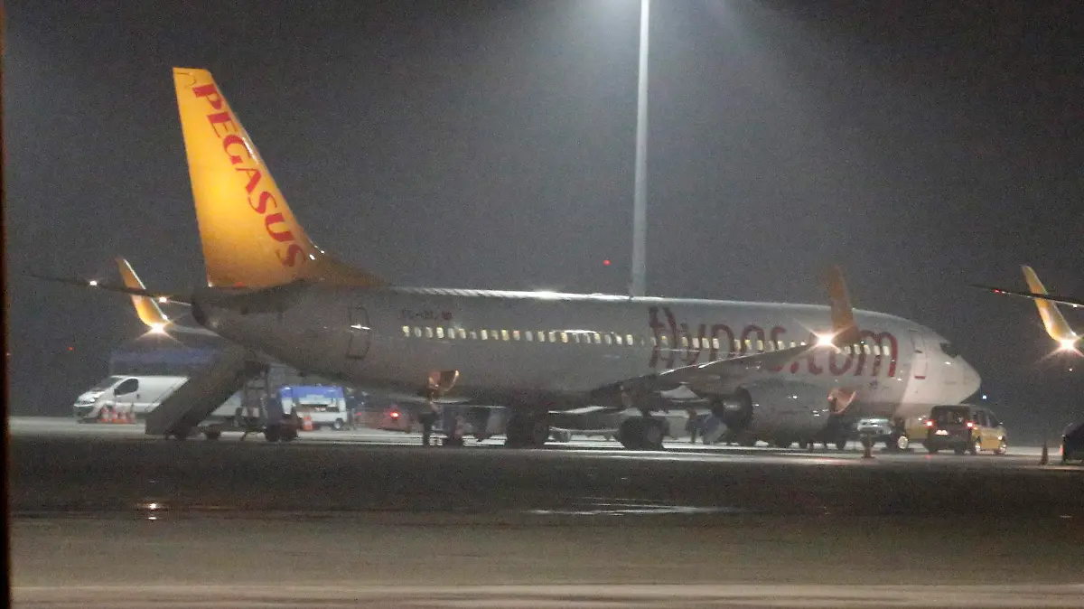 epa04060388 Airplanes of Turkish company Pegasus Airlines stand in park position at Sabiha Gokcen Airport in Istanbul, Turkey 07 February 2014. A man claiming to have a bomb on a Turkish passenger plane leaving Ukraine demanded that the flight be diverted to Sochi, local media reported. The plane, which was carrying 110 passengers when it took off from Kharkiv, later landed safely at Istanbul's Sabiha Gokcen airport. EPA/TOLGA BOZOGLU +++(c) dpa - Bildfunk+++