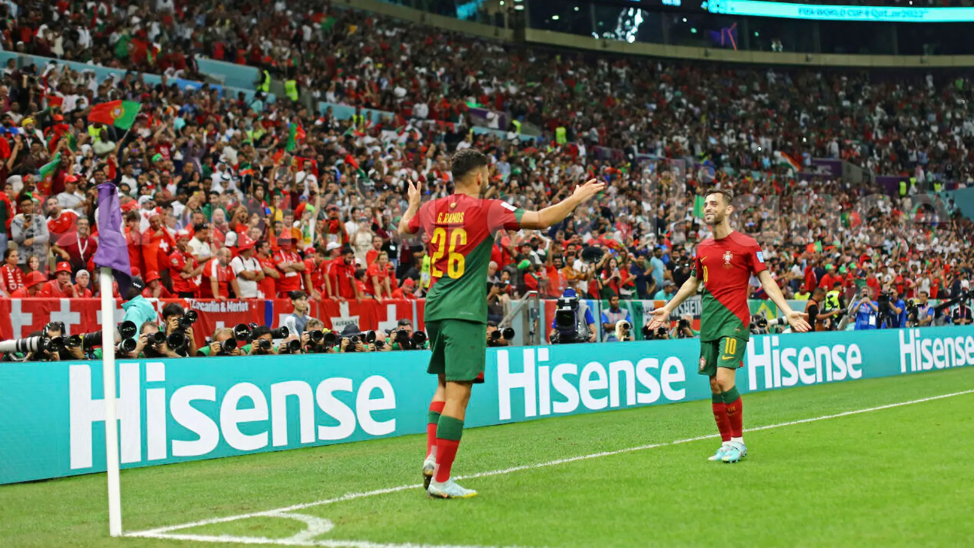 6th December 2022; Lusail Stadium, Qatar; FIFA World Cup, final 16 stage, Portugal versus Switzerland: Gonçalo Ramos of Portugal celebrates his goal