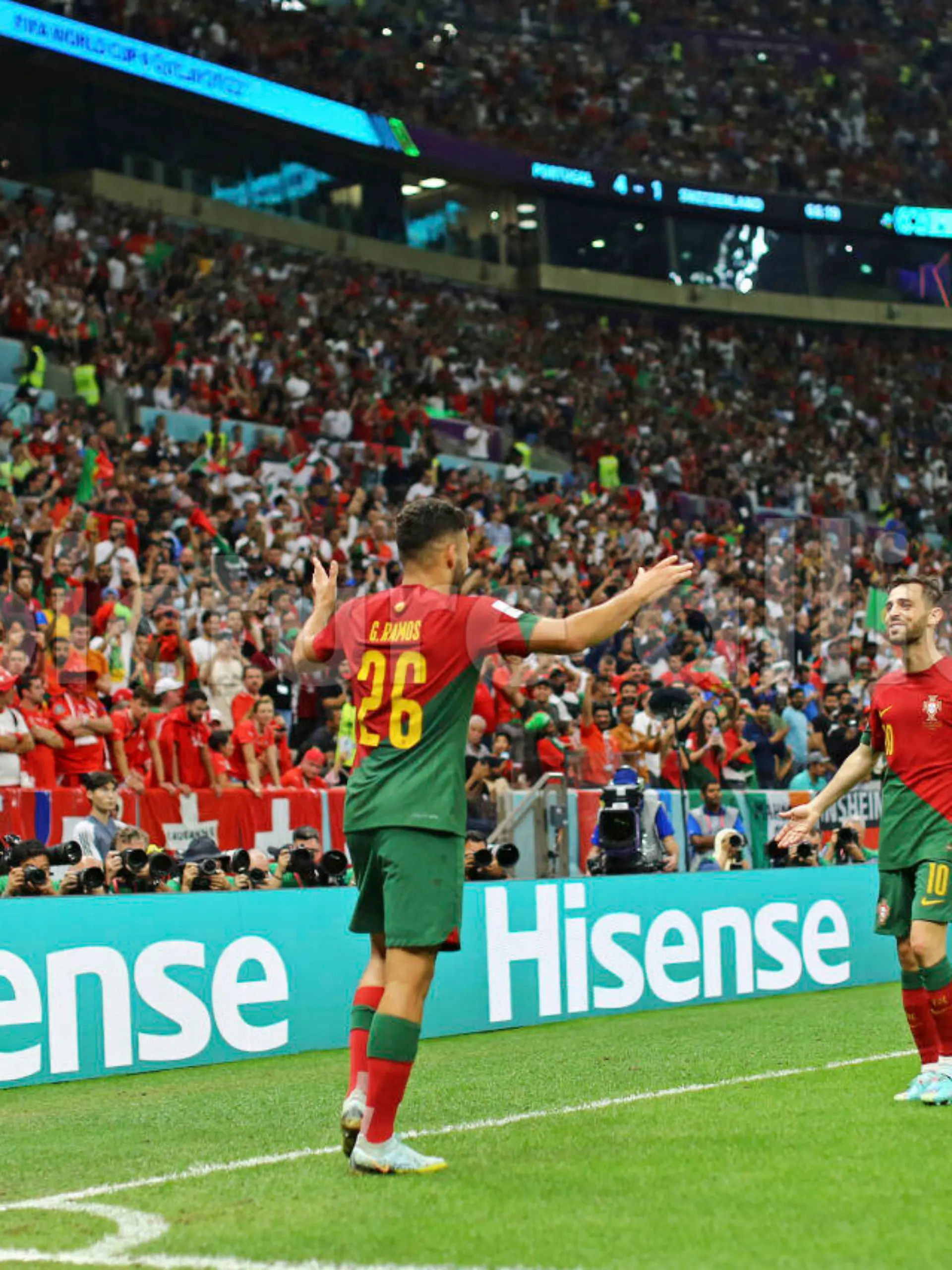 6th December 2022; Lusail Stadium, Qatar; FIFA World Cup, final 16 stage, Portugal versus Switzerland: Gonçalo Ramos of Portugal celebrates his goal