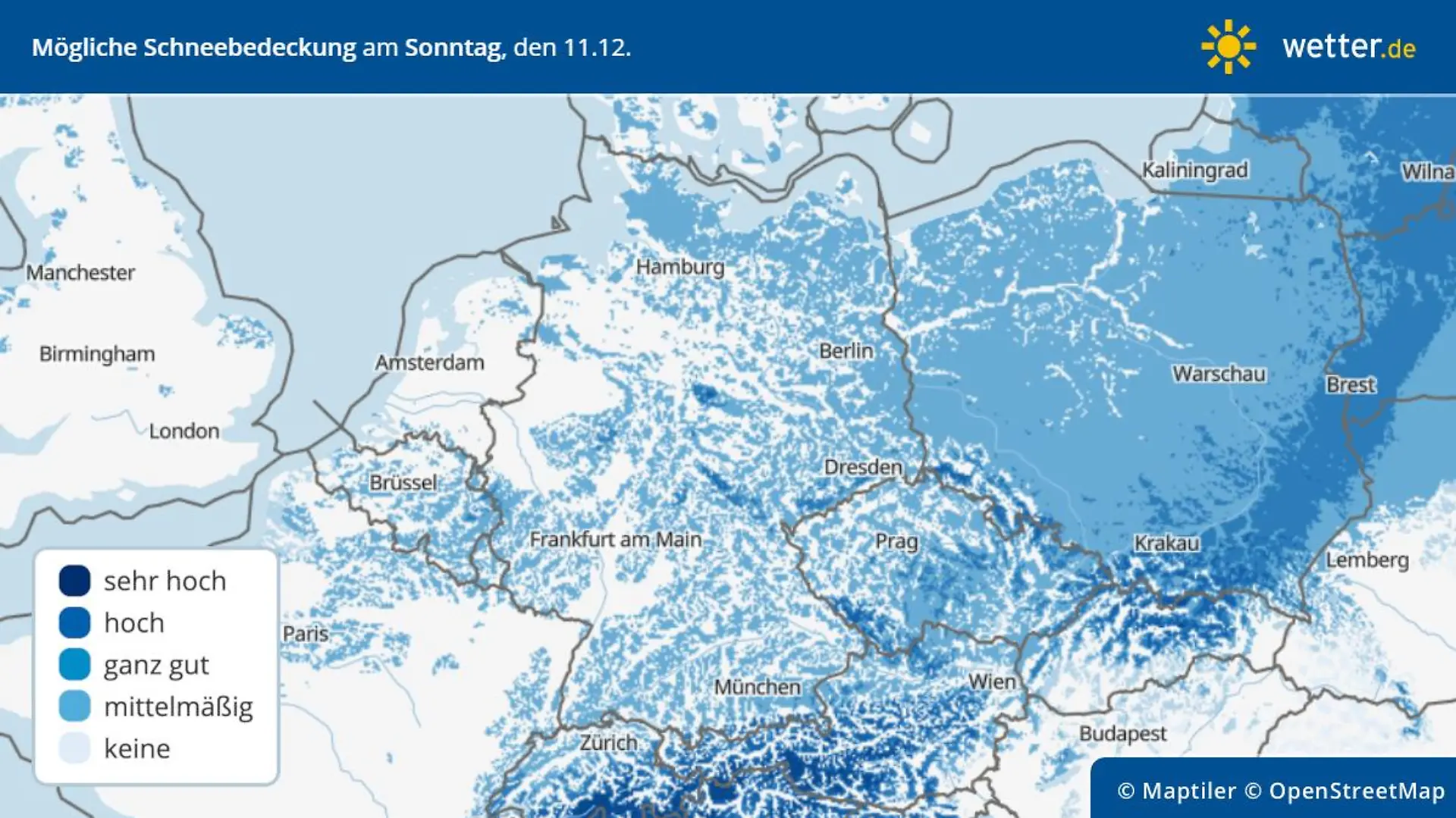 Prognose und Vorhersage Schneedecke in Deutschland am 11. Dezember 2022