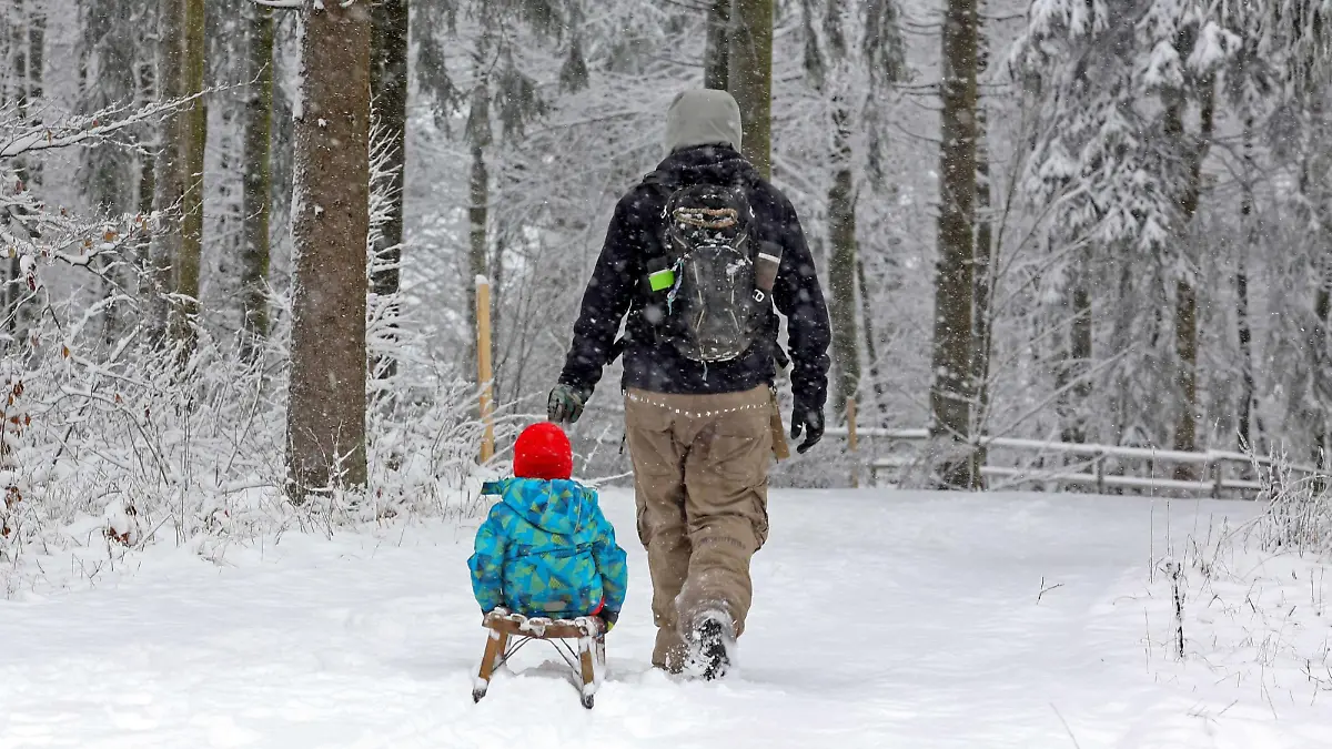  Das Jahr 2020 endet im Siegerland in den hoeheren Lagen mit viel Schnee, ein Mann geht mit Rucksack, Schlitten und Kind im Winterwald in der Naehe vom Forsthaus Hohenroth spazieren Winter im Siegerland am 31.12.2020 in Netphen/Deutschland. *** The year 2020 ends in the Siegerland in the higher altitudes with a lot of snow, a man walks with backpack, sled and child in the winter forest near the foresters lodge Hohenroth winter in the Siegerland on 31 12 2020 in Netphen Germany